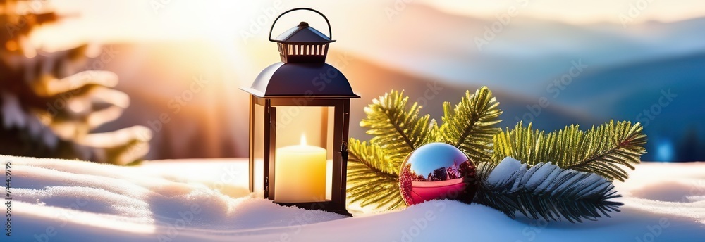 Christmas Lantern On Snow With Fir Branch in the Sunlight. Winter Decoration Background Christmas Lantern On Snow With Fir Branch in the Sunlight. Winter Decoration Background