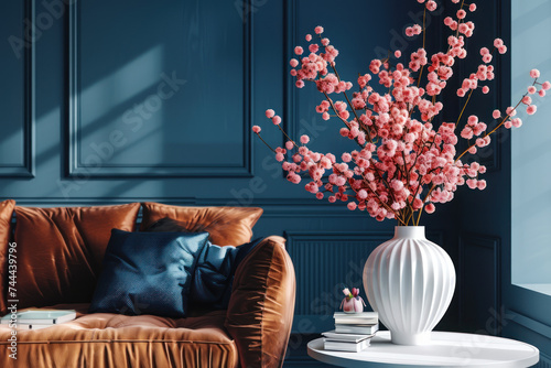 Livingroom with dark blue walls. We see a brown sofa with a white coffeetable in front of the sofa. There are cherry blossom flowers in a white vase on the coffeetable and two books underneath the vas photo