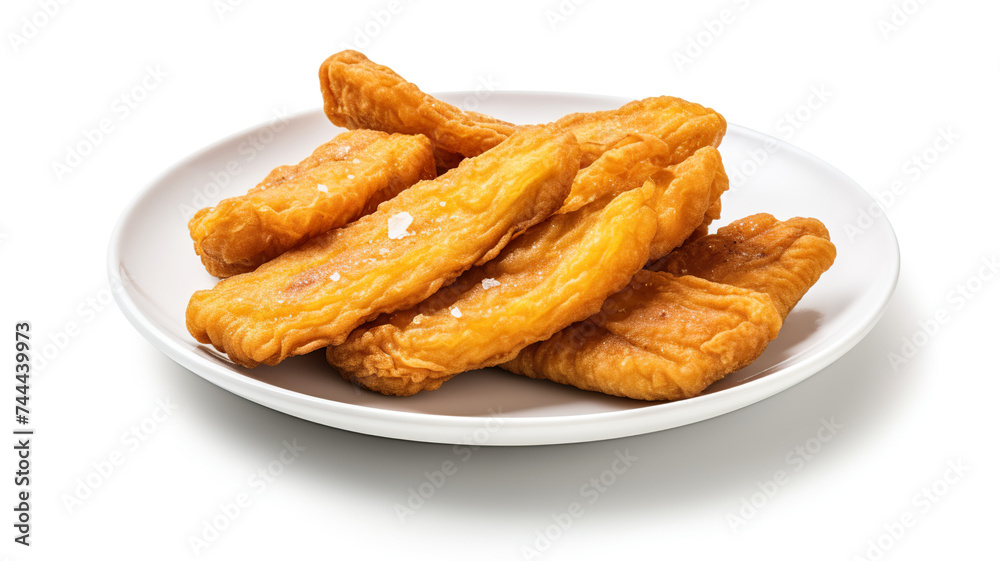 Fried fish on a white dish, isolated against a stark white background Fried fish on a white dish, isolated against a stark white background
