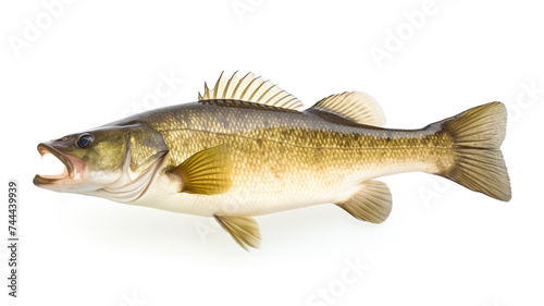 A clean white background with a solitary fresh bass