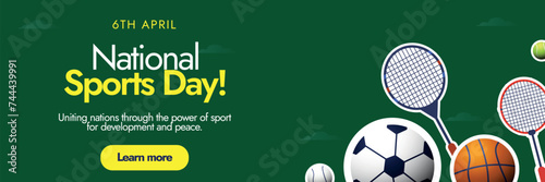 International Sports Day. 6th April National Sports day for development and peace celebration cover banner with different sports equipment and athlete gear tennis ball, racket on dark green background