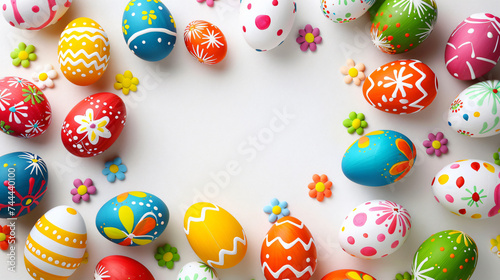 Square frame of Easter eggs on a white background.