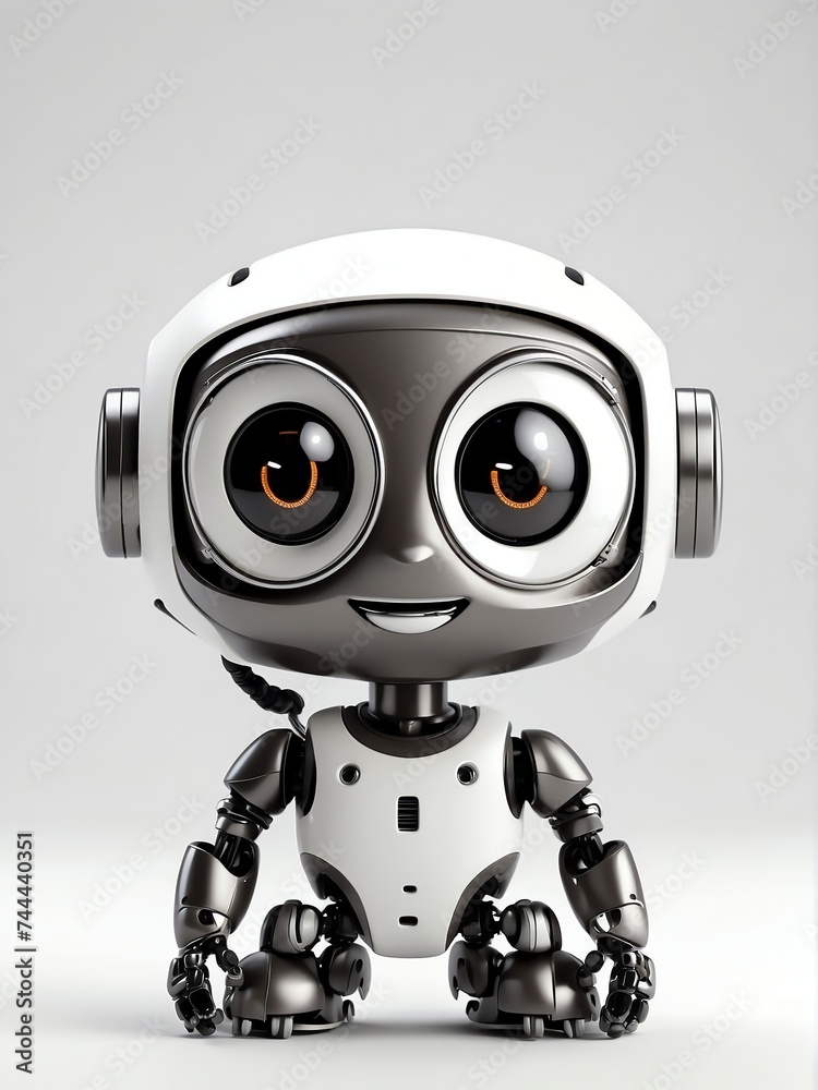 Cute smiling black small friendly robot in plain white background looking at camera from Generative AI Cute smiling black small friendly robot in plain white background looking at camera from Generative AI