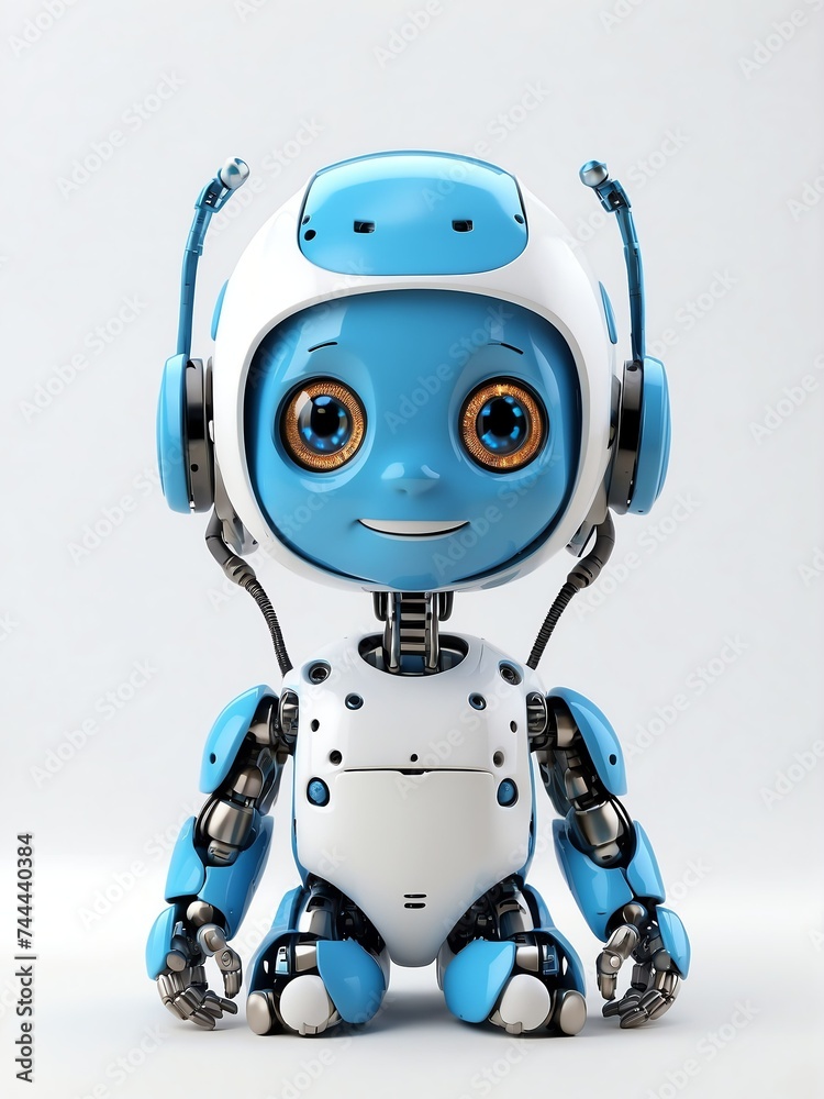 Cute smiling blue humanoid robot in plain white background looking at camera from Generative AI Cute smiling blue humanoid robot in plain white background looking at camera from Generative AI