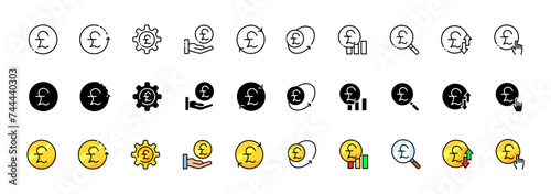Pound symbol icon set. Pound currency collection. Linear, silhouette and flat style. Vector icons