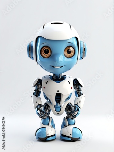Cute smiling blue humanoid robot in plain white background looking at camera from Generative AI