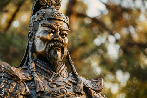 Bronze statue of a historical Chinese military strategist in armor displaying culture and wisdom