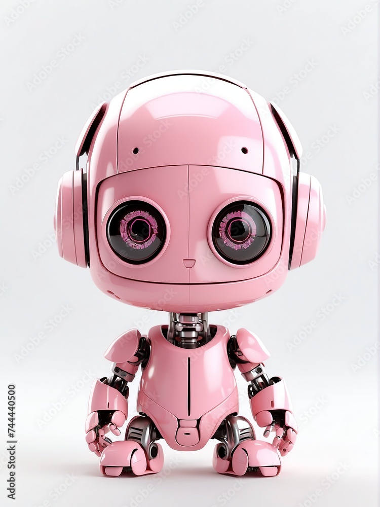 Cute smiling pink humanoid robot in plain white background looking at camera from Generative AI