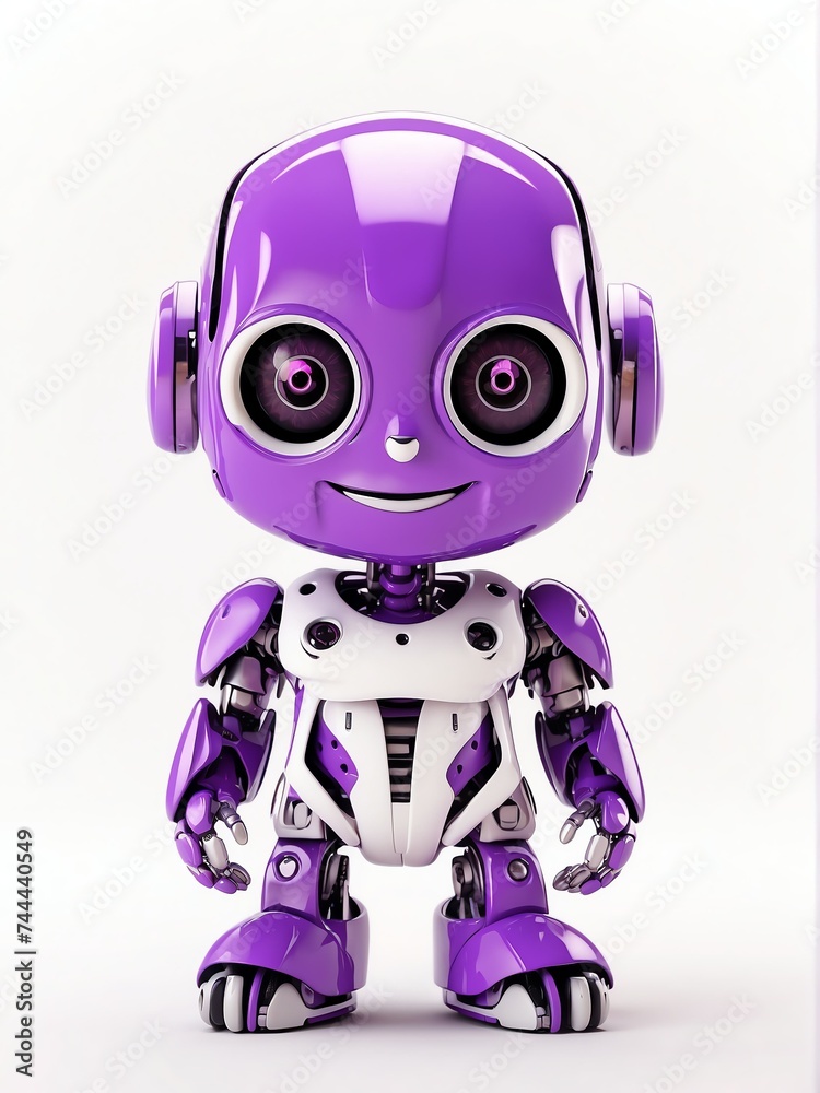 Cute smiling purple humanoid robot in plain white background looking at camera from Generative AI Cute smiling purple humanoid robot in plain white background looking at camera from Generative AI