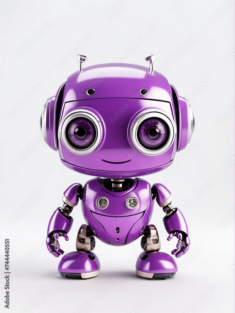 Cute smiling purple small friendly robot in plain white background looking at camera from Generative AI Cute smiling purple small friendly robot in plain white background looking at camera from Generative AI