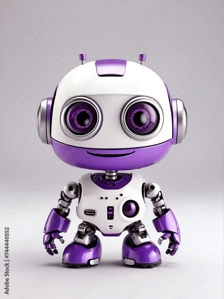 Cute smiling purple small friendly robot in plain white background looking at camera from Generative AI Cute smiling purple small friendly robot in plain white background looking at camera from Generative AI