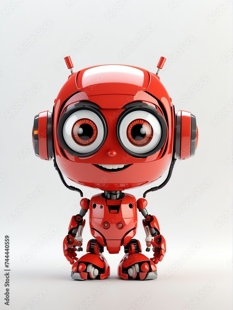 Cute smiling red humanoid robot in plain white background looking at camera from Generative AI Cute smiling red humanoid robot in plain white background looking at camera from Generative AI