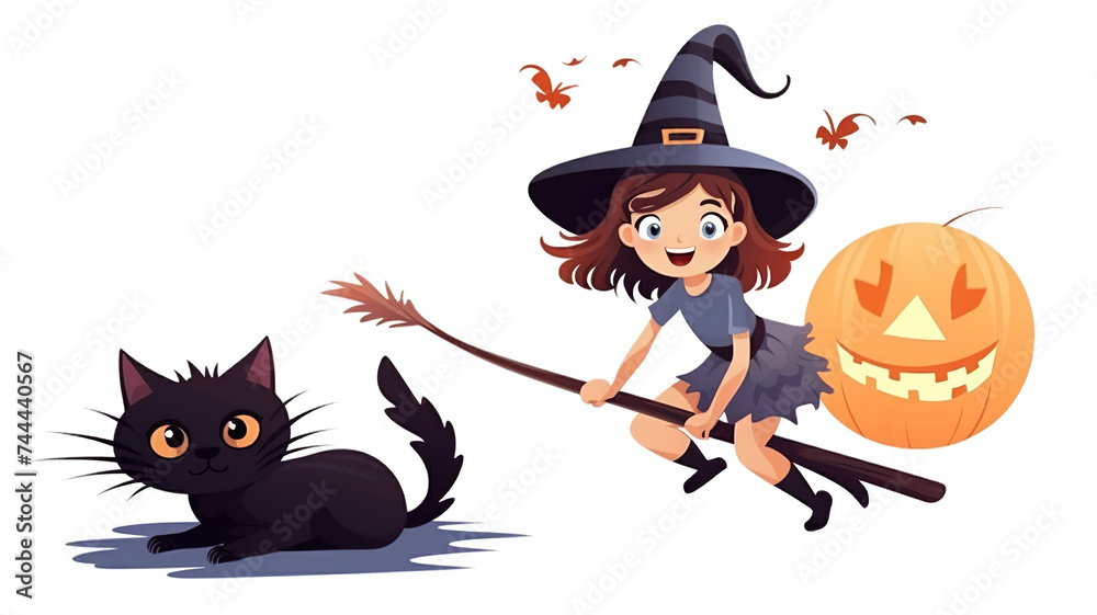 Girl witch and cat flying on a broom, isolated on a pure white background.