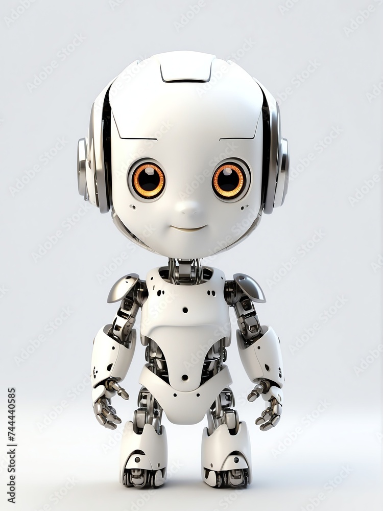 Cute smiling white humanoid robot in plain white background looking at camera from Generative AI Cute smiling white humanoid robot in plain white background looking at camera from Generative AI