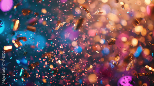 Blurry scene of colorful confetti falling, festive atmosphere