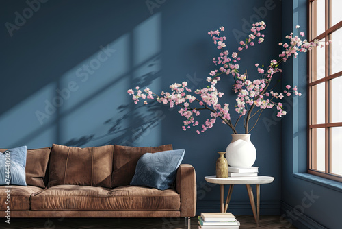Livingroom with dark blue walls. We see a brown sofa with a white coffeetable in front of the sofa. There are cherry blossom flowers in a white vase on the coffeetable and two books underneath the vas photo