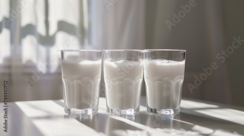 A glasses with milk on a podium on a home background. White liquid in a glass.