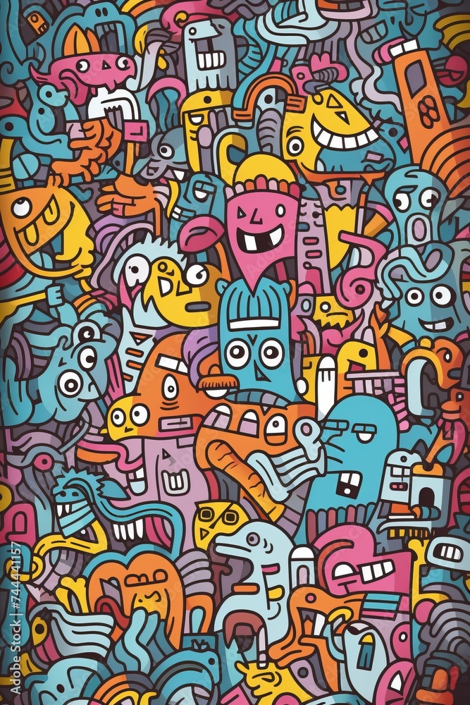 Illustration of colorful doodle crowd cute alien and monster Created with Generative AI technology.