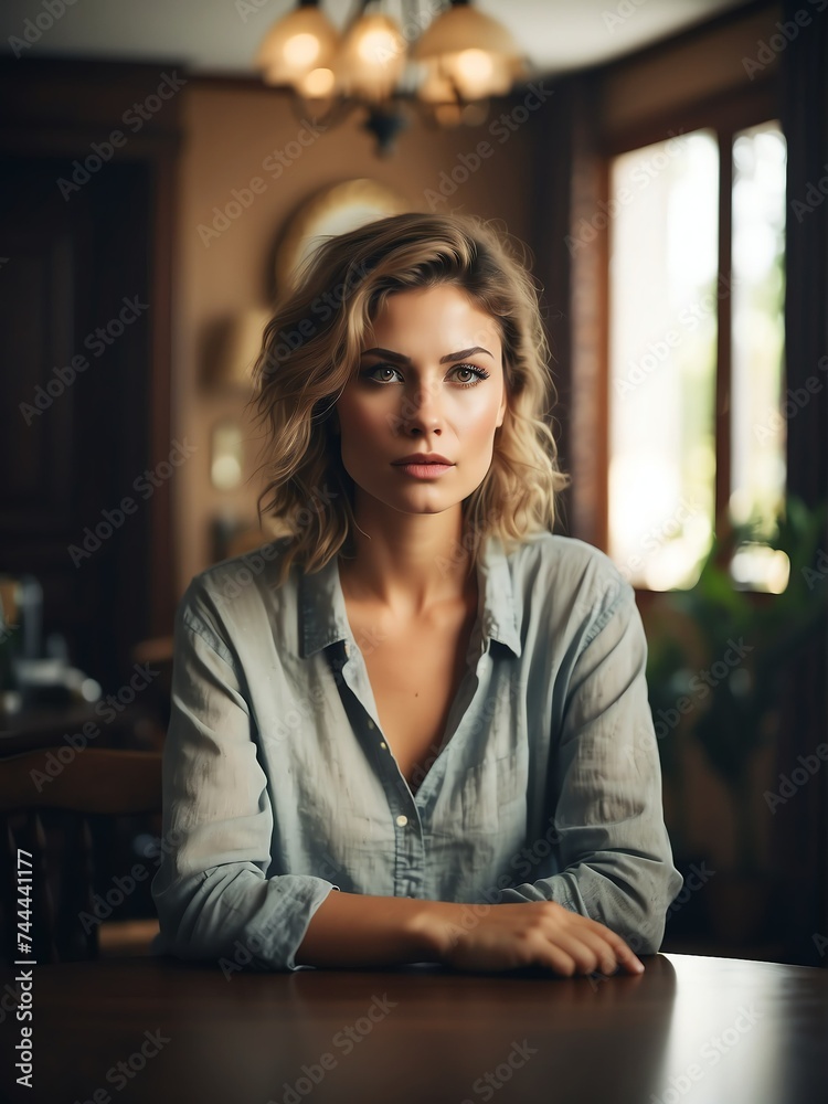 Portrait of a handsome young worried caucasian woman on a table in the living room background from Generative AI