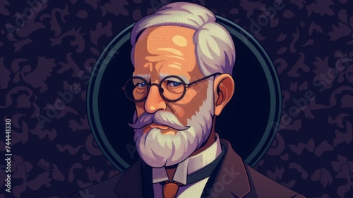 Freud Pixel Art Portrait features Psychologist with Beard and Glasses in Vintage Style