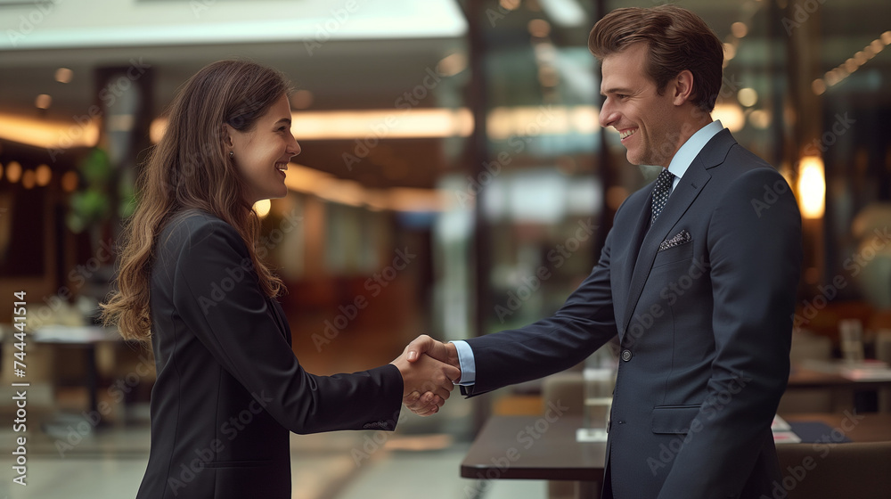 A man and a woman in business suits shaking hands in a corporate building hallway.
