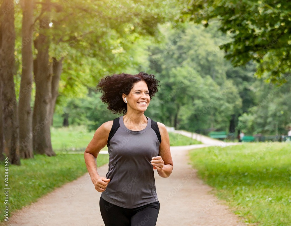 Mature woman running jogging in park outdoor in city center Mature woman running jogging in park outdoor in city center
