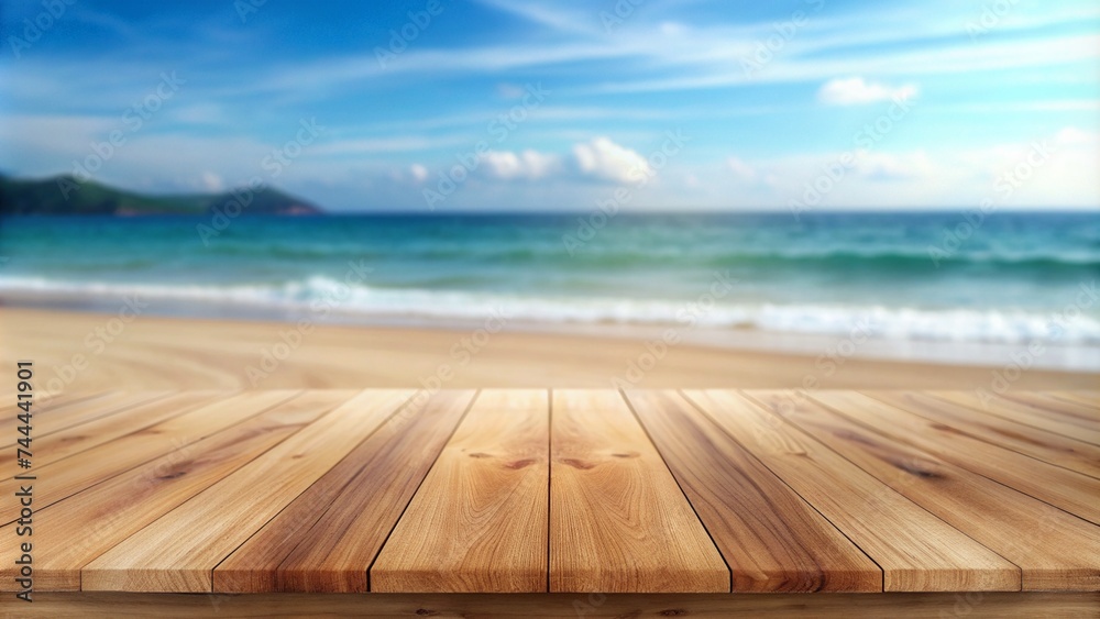 Empty wooden table with beach in the background Empty wooden table with beach in the background