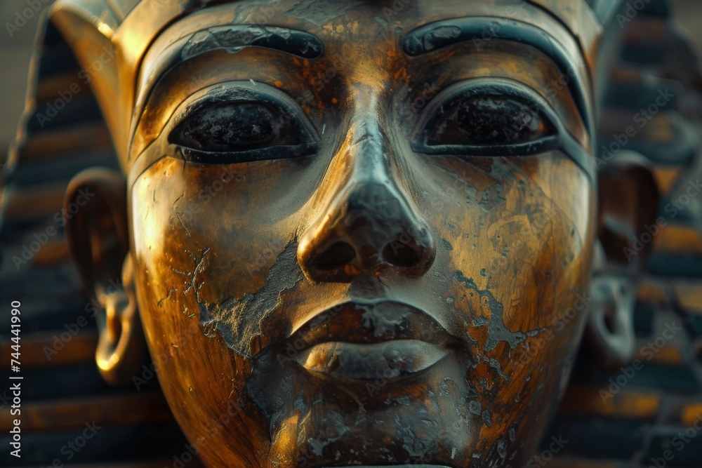 Epic portrayal of Egyptian Pharaoh Ramses II in an ancient gold statue - obrazy, fototapety, plakaty 