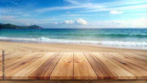 Empty wooden table with beach in the background