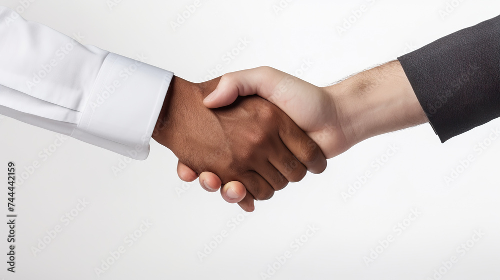 Hands of agent and customer shaking hands isolated on a pure white background Hands of agent and customer shaking hands isolated on a pure white background
