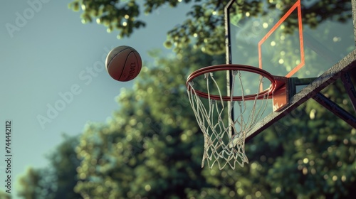 Basketball ball with basketball basket at stadium court. © Oulaphone