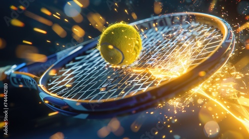 Close up yellow ball collides with tennis racket, powerful swing. © Oulaphone