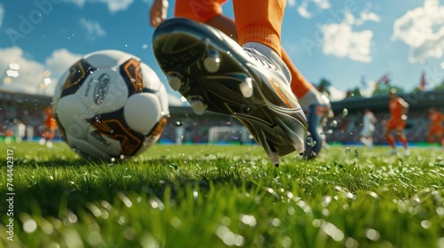 Close-up of Professional soccer player kicking football ball at stadium.