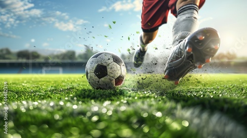 Close-up of Professional soccer player kicking football ball at stadium.