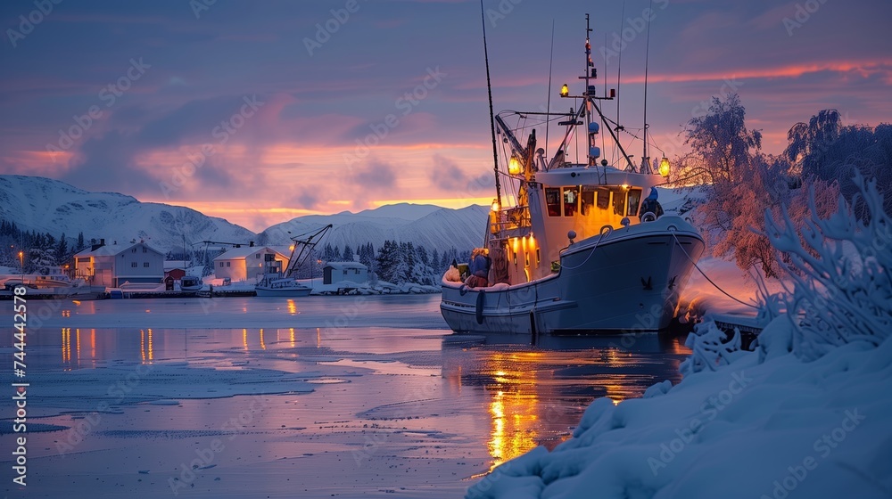 Winter Harbor Dusk: Tranquil Fishing Boat Scene