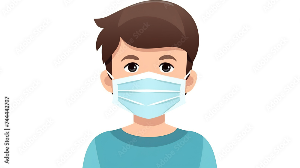A child wearing a face mask is isolated on a pure white background