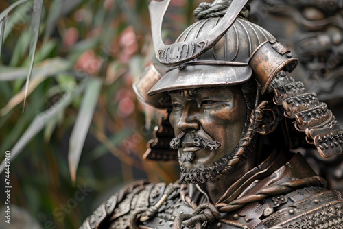 Bronze statue of Japanese Daimyo Oda Nobunaga in samurai armor and helmet photo