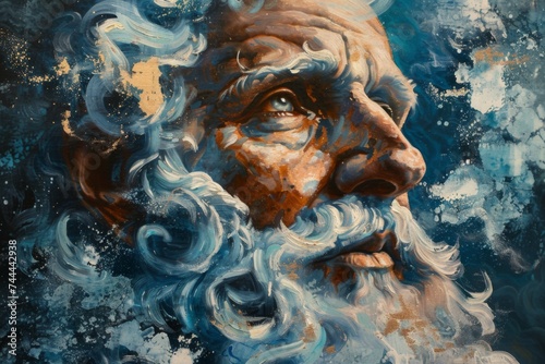Neptune God of the Sea depicted in oil painting style as a majestic and mythical marine deity