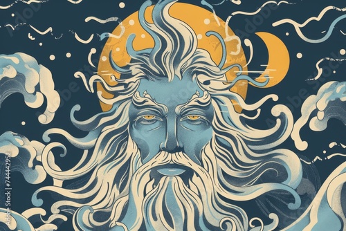Neptune God of Sea depicted in minimalist mythological art with Roman ocean deity waves