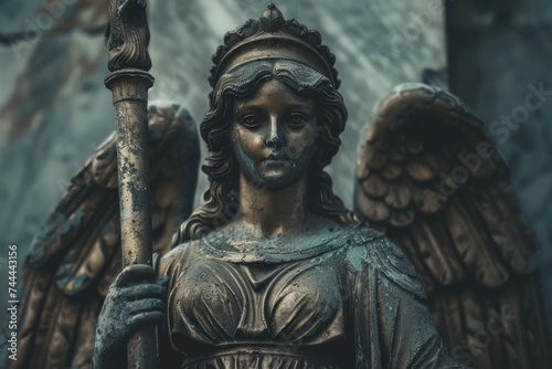 Minerva goddess sculpture symbolizes wisdom, Roman mythology, ancient art and heritage in bronze photo