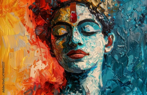 Oil painting of Krishna captures divine essence through Hindu mythology, vibrant spirituality, and textured artistry