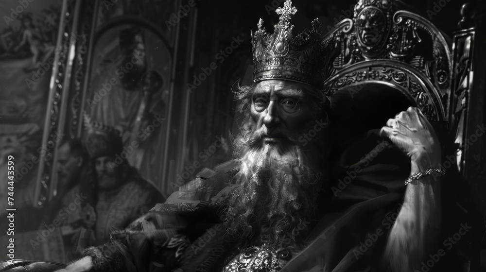 King Solomon in Gothic attire sits with a crown and beard on his throne, embodying majesty and wisdom