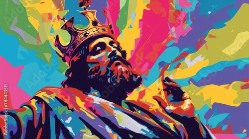 Colorful Pop Art depiction of King Solomon with an abstract vibrant crown and beard photo