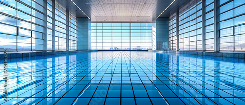 The serene blue of a luxurious indoor pool, inviting relaxation and leisure in a modern, tranquil setting