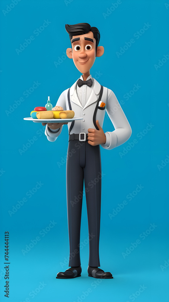 stunning view of 3d cartoon of young waiter man with blue background