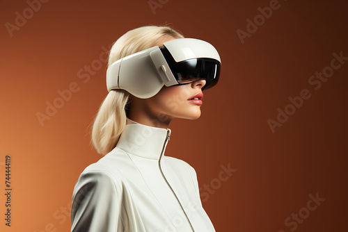 Young woman wearing virtual reality goggles. Studio shot on pink background. © Creative