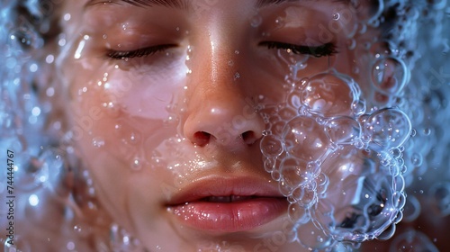 A teenage girl immersed in water bubbles flowing from her lips captured in a mesmerizing close up