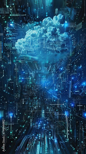 Azure data cloud hovers above pathways of electric blue circuitry © Sara_P