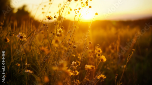 The warm glow of a setting sun bathes a meadow filled with wildflowers, creating an atmosphere of tranquil beauty - Nature background - Generative AI