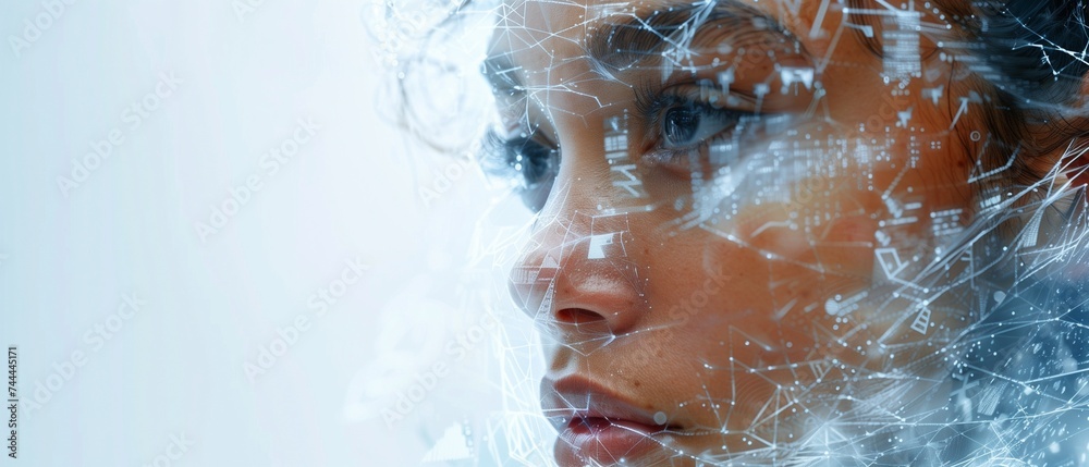Portrait of a young woman with cyber fog technology code